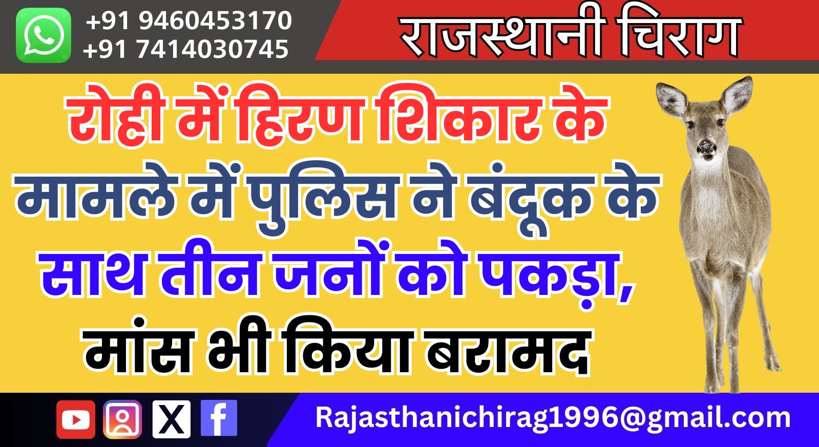 रोही में हिरण शिकार के मामले में पुलिस ने बंदूक के साथ तीन जनों को पकड़ा, मांस भी किया बरामद