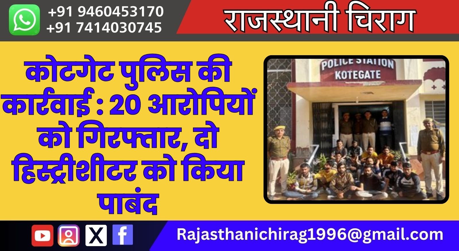 कोटगेट पुलिस की कार्रवाई : 20 आरोपियों को गिरफ्तार, दो हिस्ट्रीशीटर को किया पाबंद