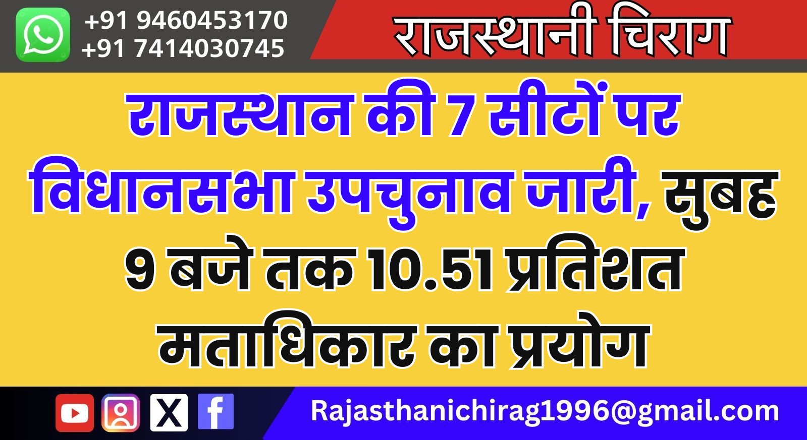 राजस्थान की 7 सीटों पर विधानसभा उपचुनाव जारी, सुबह 9 बजे तक 10.51 प्रतिशत मताधिकार का प्रयोग