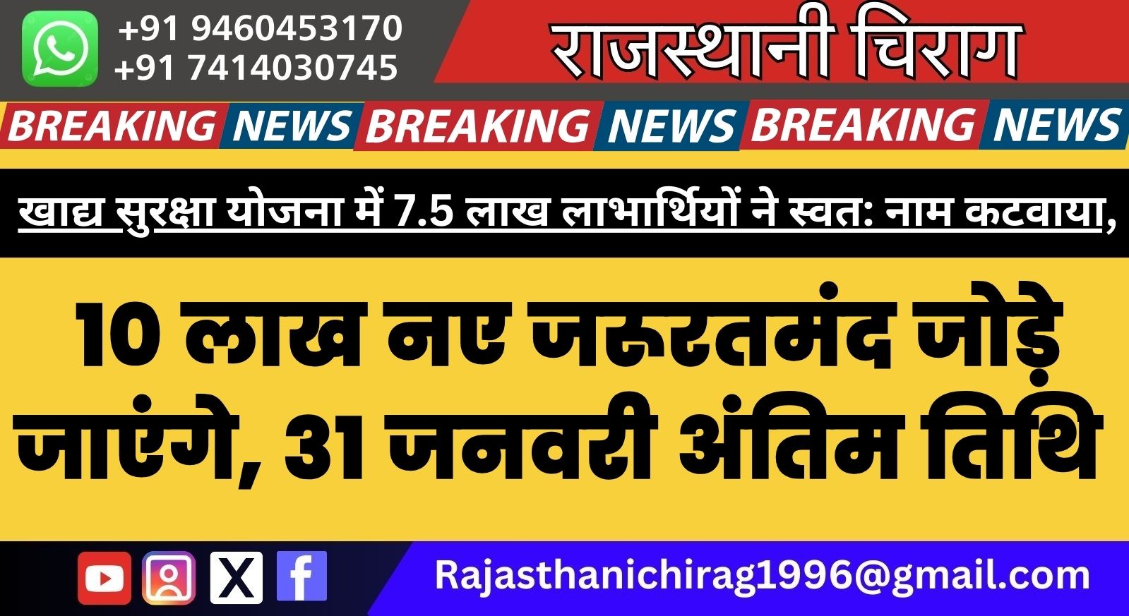 खाद्य सुरक्षा योजना में 7.5 लाख लाभार्थियों ने स्वत: नाम कटवाया, 10 लाख नए जरूरतमंद जोड़े जाएंगे, 31 जनवरी अंतिम तिथि