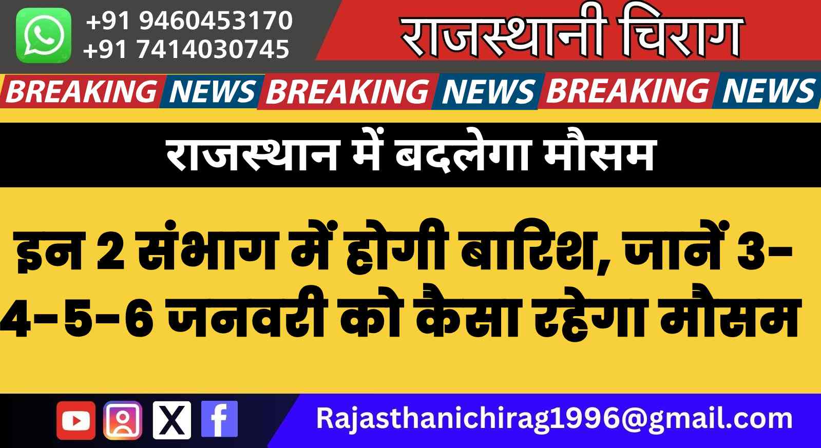 राजस्थान में बदलेगा मौसम, इन 2 संभाग में होगी बारिश, जानें 3-4-5-6 जनवरी को कैसा रहेगा मौसम