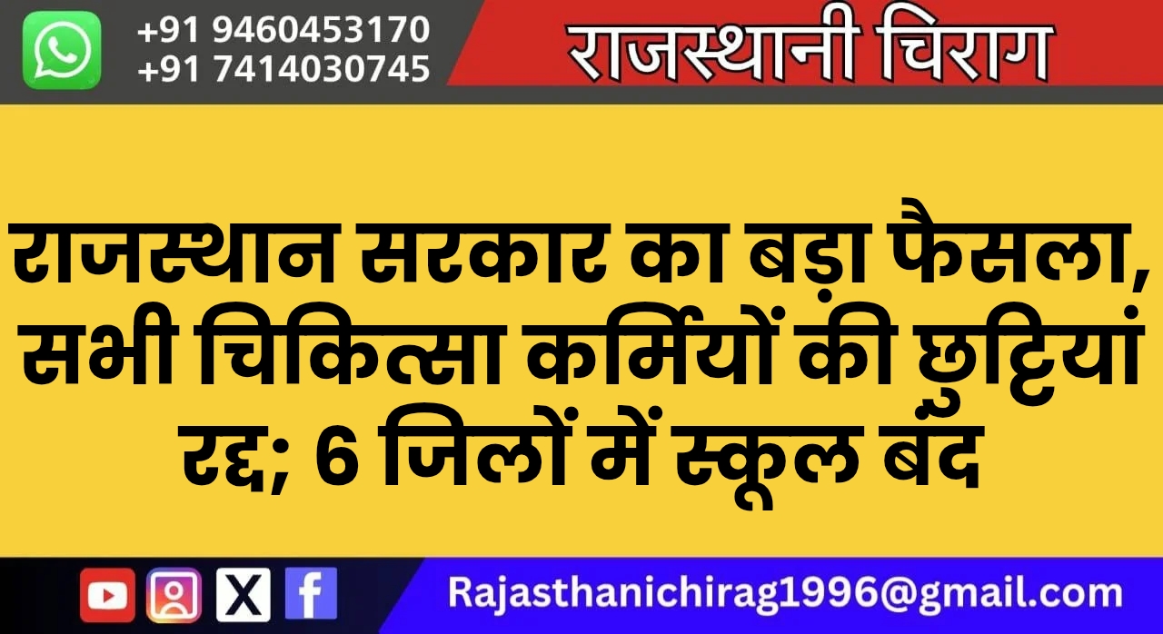 राजस्थान सरकार का बड़ा फैसला, सभी चिकित्सा कर्मियों की छुट्टियां रद्द; 6 जिलों में स्कूल बंद