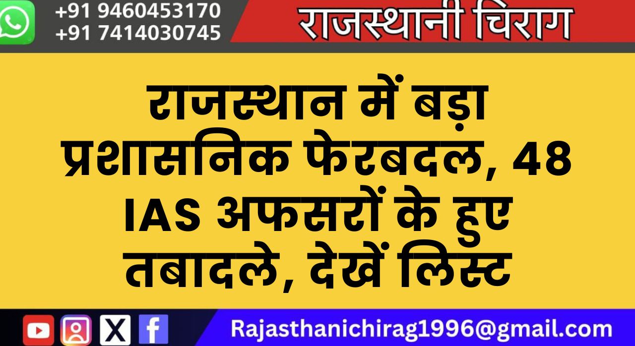 राजस्थान में बड़ा प्रशासनिक फेरबदल, 48 IAS अफसरों के हुए तबादले, देखें लिस्ट
