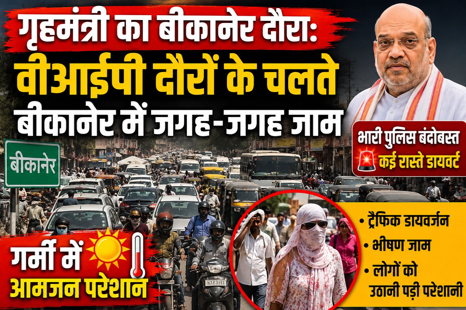 गृहमंत्री का बीकानेर दौरा: वीआईपी दौरों के चलते बीकानेर में जगह-जगह जाम, गर्मी में आमजन परेशान