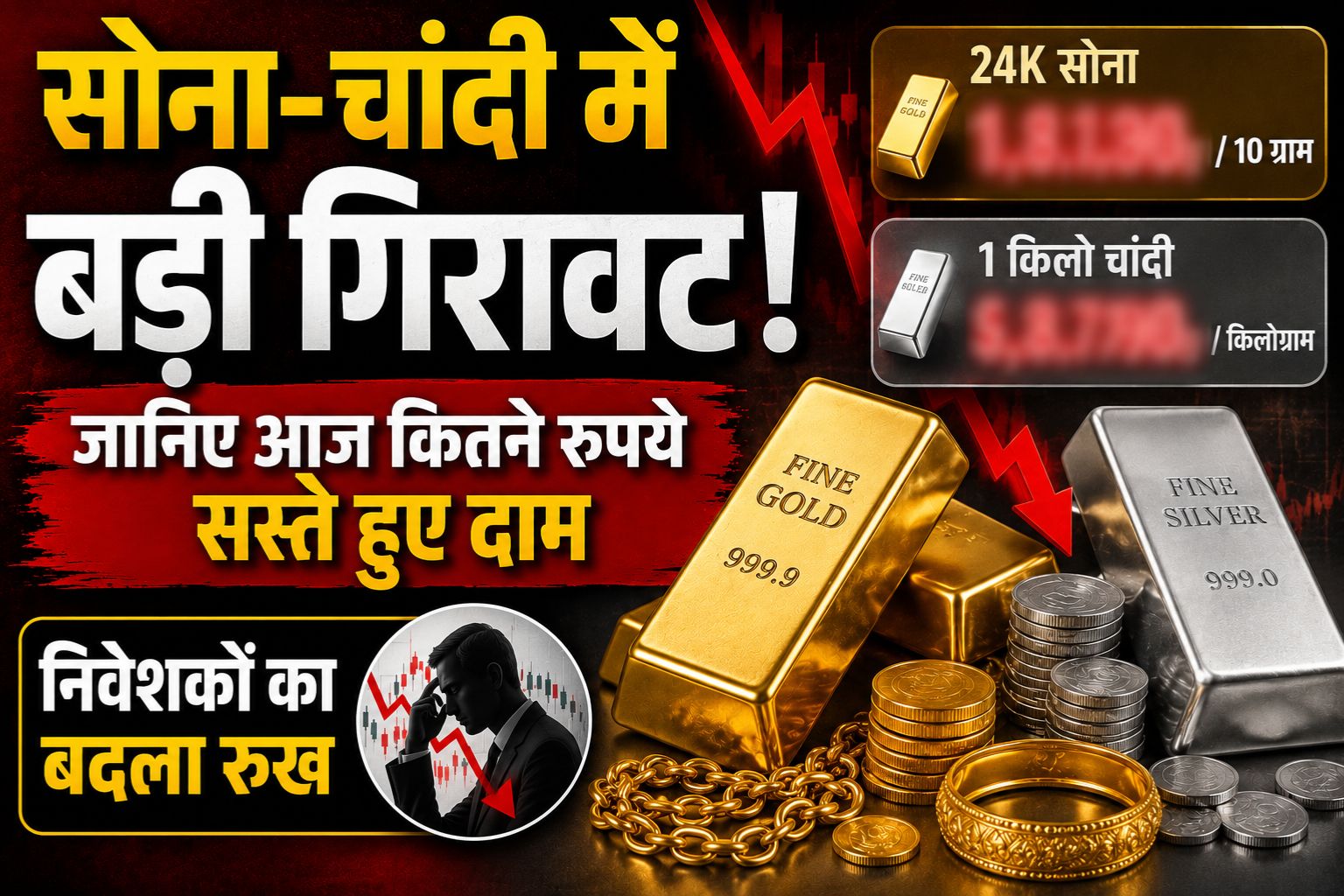 सोना-चांदी में बड़ी गिरावट, जानिए आज कितने रुपये सस्ते हुए दाम निवेशकों का बदला रुख