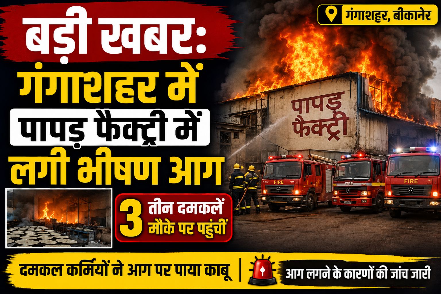 बड़ी खबर: गंगाशहर में पापड़ फैक्ट्री में लगी भीषण आग, तीन दमकलें मौके पर पहुंचीं