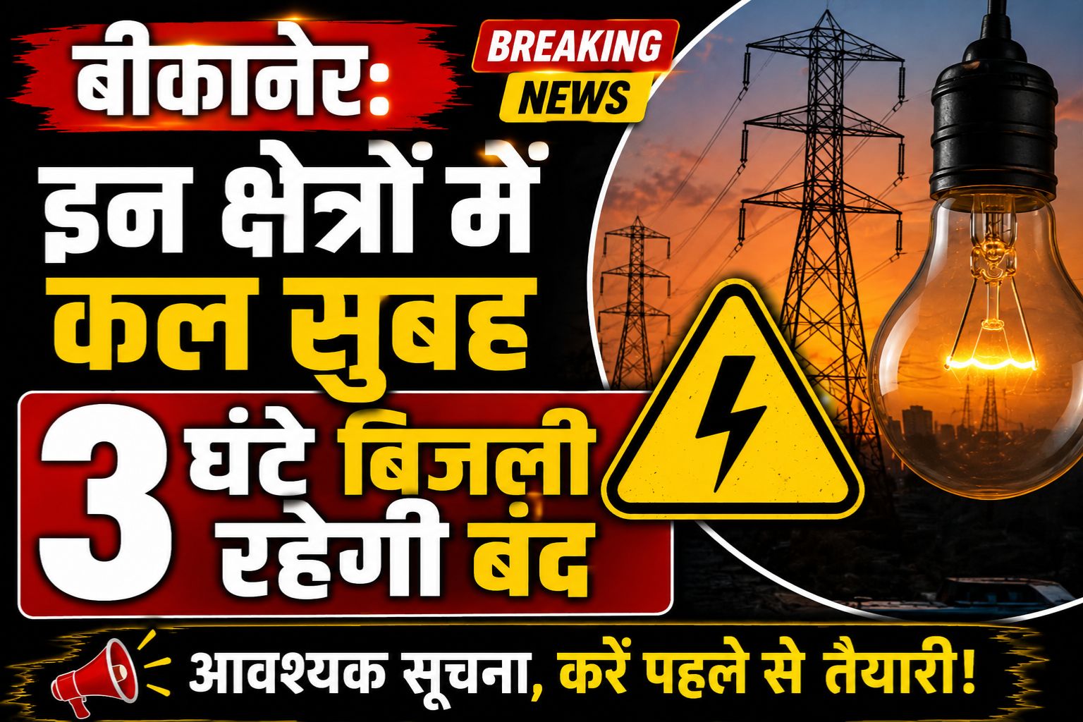 बीकानेर: इन क्षेत्रों में कल सुबह 3 घंटे बिजली रहेगी बंद
