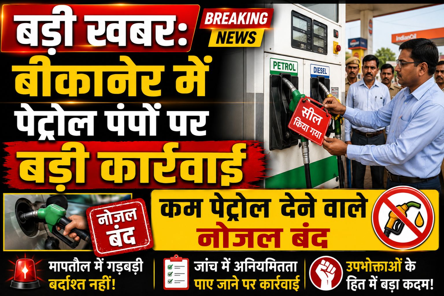बड़ी खबर: बीकानेर में पेट्रोल पंपों पर बड़ी कार्रवाई, कम पेट्रोल देने वाले नोजल बंद