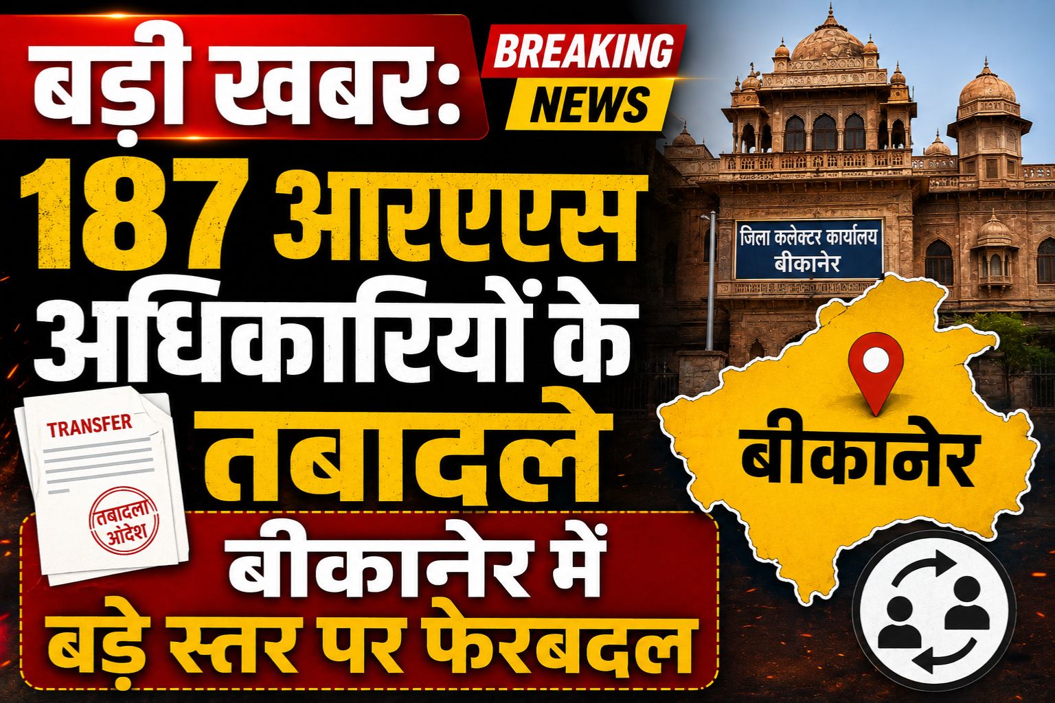 बड़ी खबर: 187 आरएएस अधिकारियों के तबादले, बीकानेर में बड़े स्तर पर फेरबदल