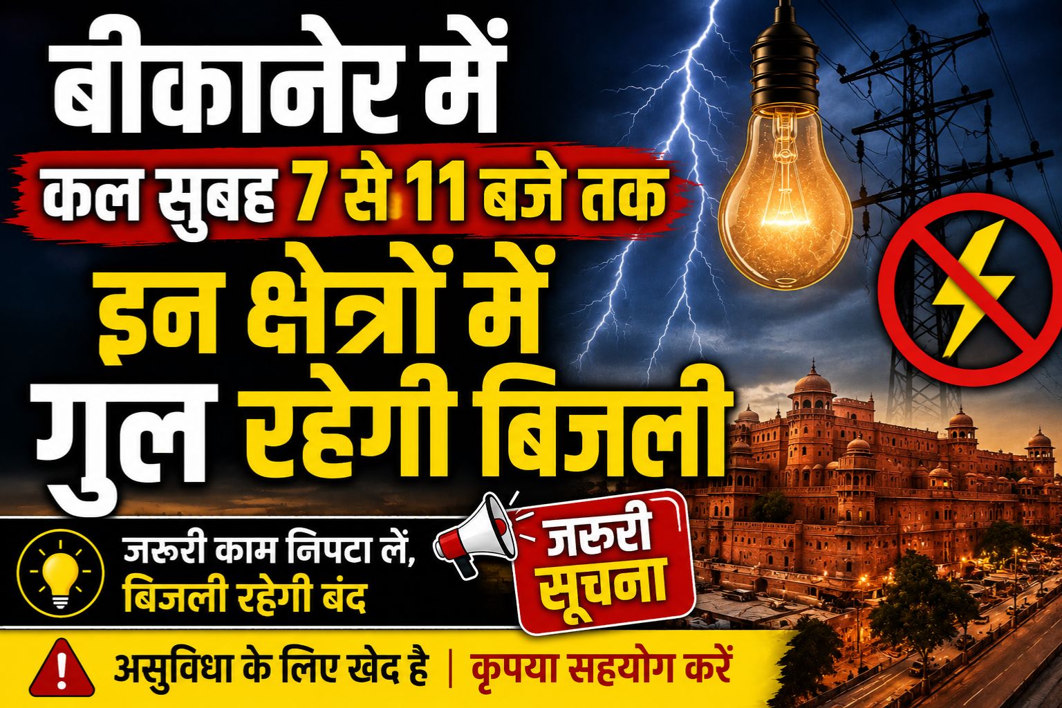 बीकानेर में कल सुबह 7 से 11 बजे तक इन क्षेत्रों में गुल रहेगी बिजली