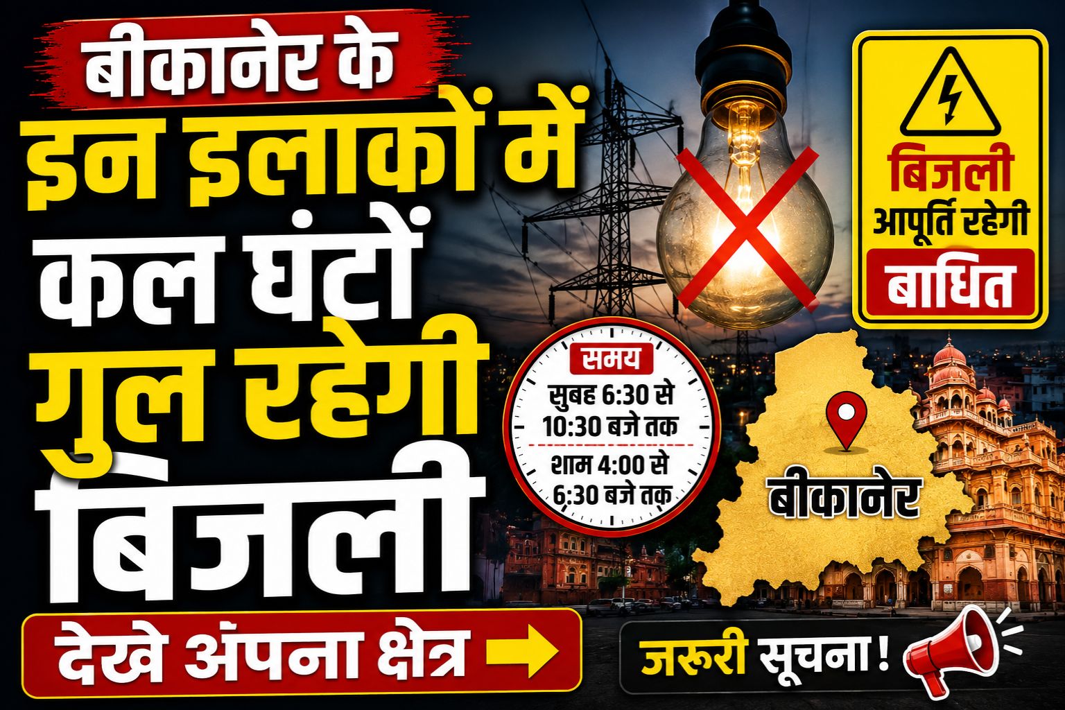 बीकानेर में कल कई क्षेत्रों में बिजली रहेगी बाधित
