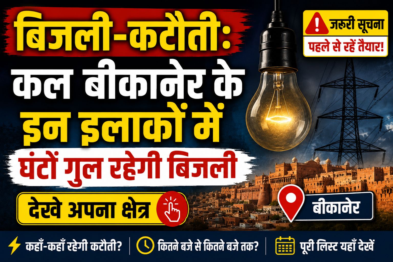 बिजली-कटौती: कल बीकानेर के इन इलाकों में घंटों गुल रहेगी बिजली, देखे अपना क्षेत्र 