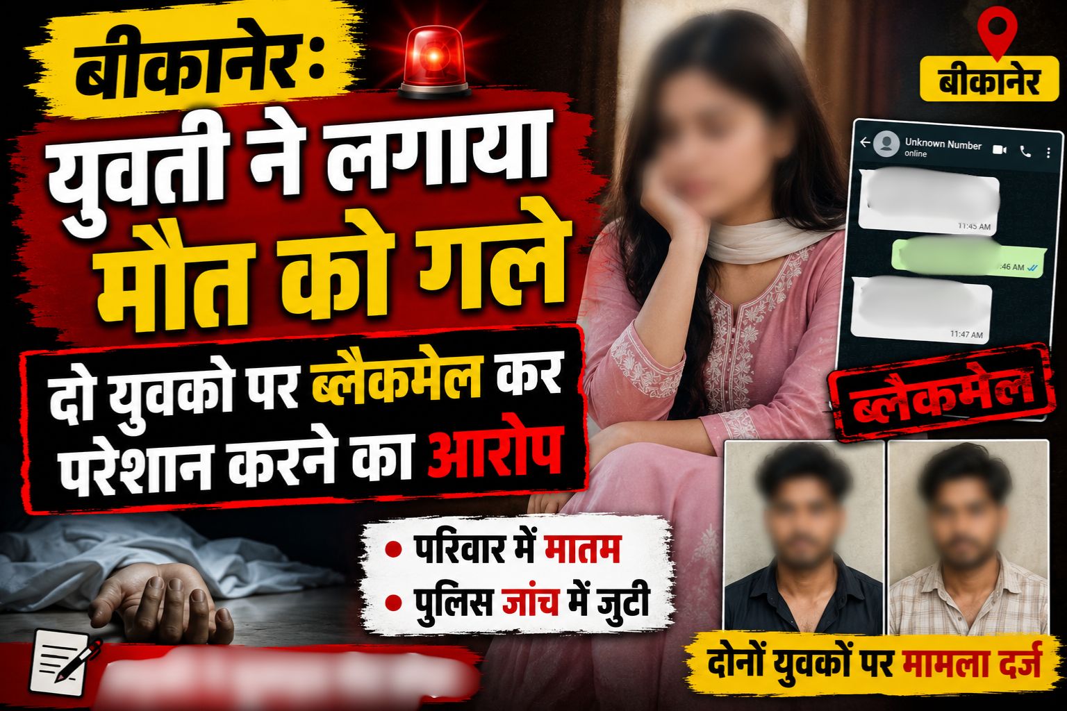 बीकानेर: युवती ने लगाया मौत को गले, दो युवको पर ब्लैकमेल कर परेशान करने का आरोप