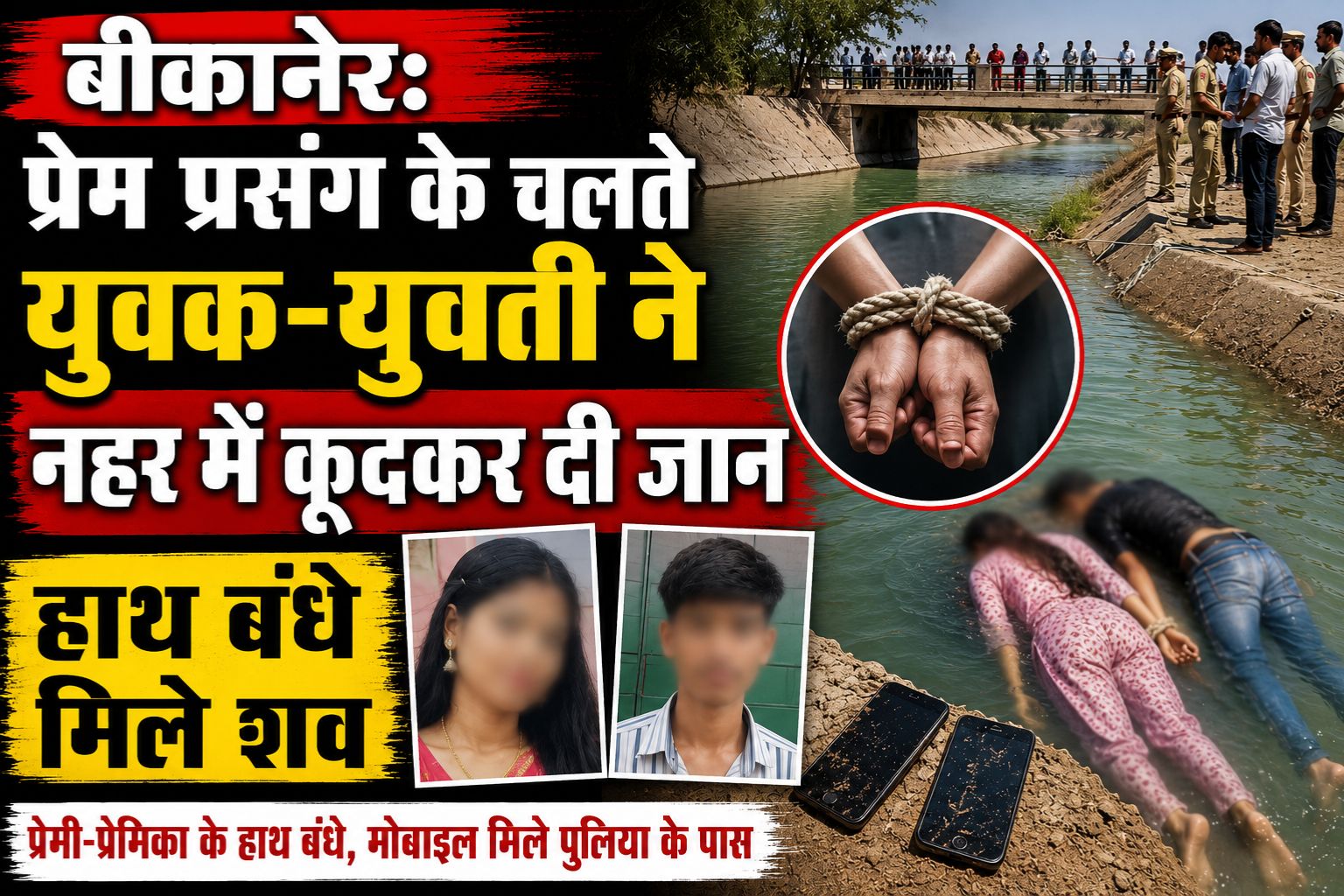 बीकानेर: प्रेम प्रसंग के चलते युवक-युवती ने नहर में कूदकर दी जान, हाथ बंधे मिले शव