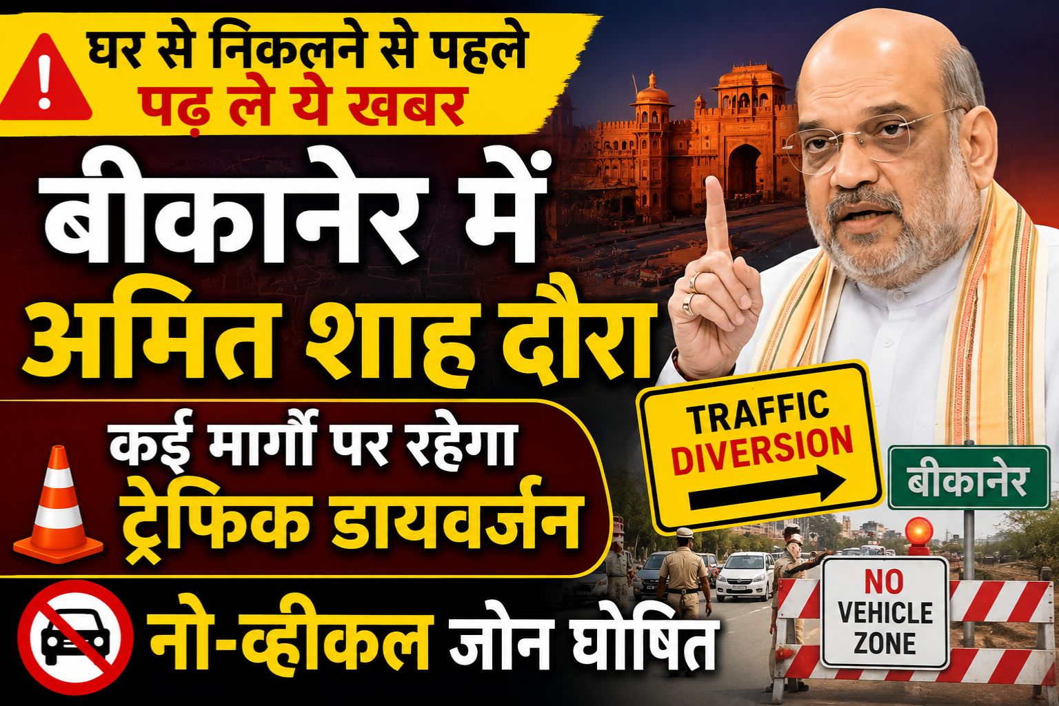घर से निकलने से पहले पढ़ ले ये खबर  बीकानेर में अमित शाह दौरा, कई मार्गों पर रहेगा ट्रैफिक डायवर्जन, नो-व्हीकल जोन घोषित